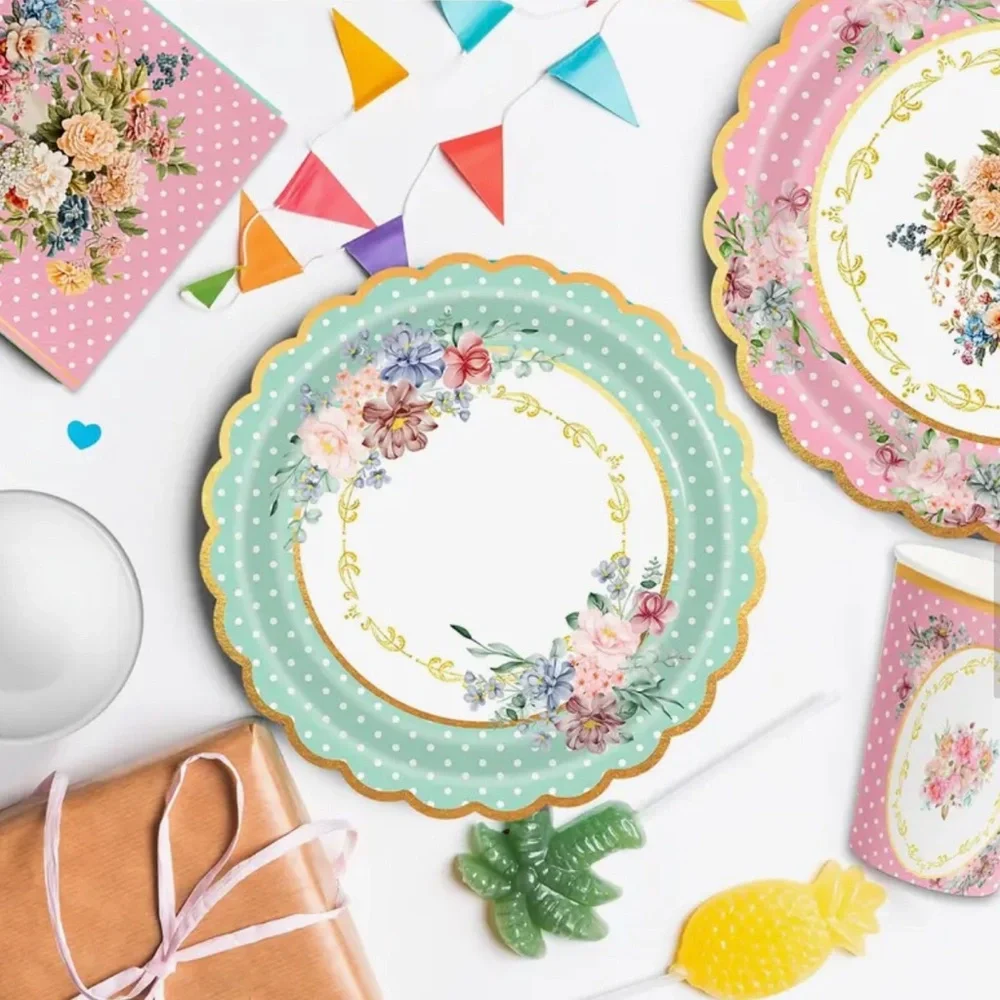 Floral Party Tableware 50-pc Set with Pink and Green Accents (Serves 10)